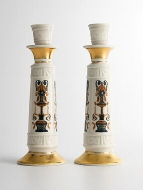 Vintage Lenox Lido Porcelain Candle Holders Hand Painted 24k Gold Trim 8in Tall